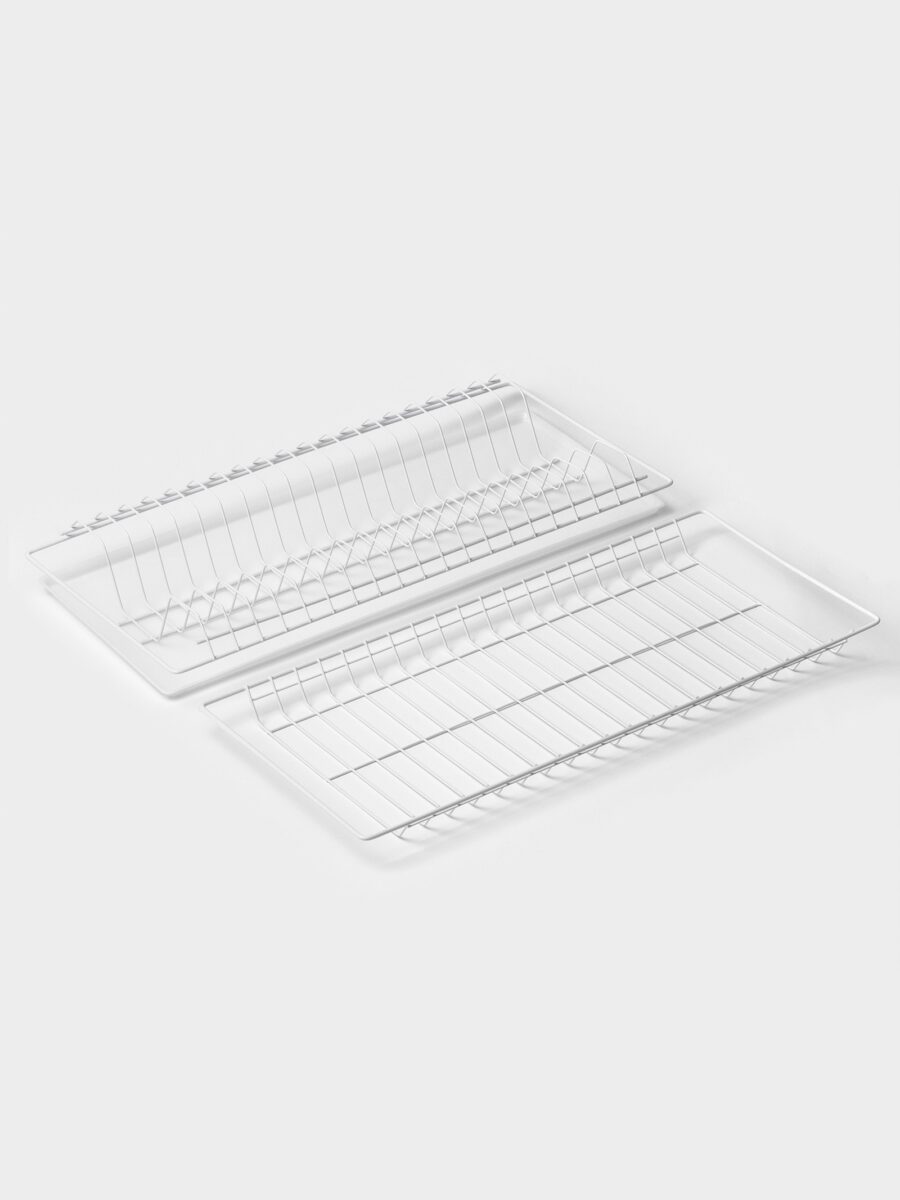 Двухъярусная белая сушилка для посуды с поддоном для шкафа шириной 60 см Универсальная белая сушилка для шкафа с поддоном — двухъярусная конструкция с секцией для тарелок и горизонтальной секцией для кухонных принадлежностей