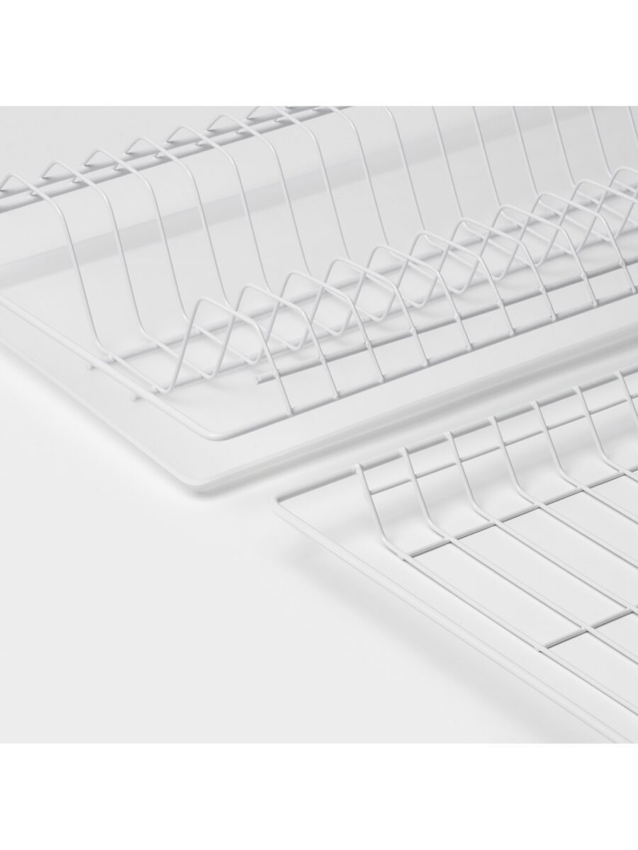 Двухъярусная белая сушилка для посуды с поддоном для шкафа 60 см Белая двухъярусная сушилка для посуды с поддоном, размеры 56.5×25.6 см, для установки в кухонный шкаф