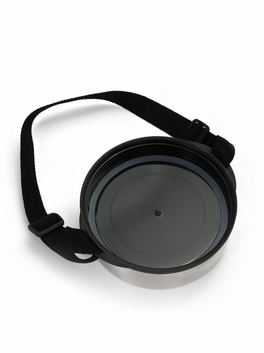 Вакуумный термос для еды с широким горлом 1 л из нержавеющей стали Термос для еды с широким горлом 1 л, серебристый из нержавеющей стали с черной крышкой и ремнем для переноски