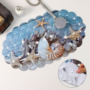 Коврик для ванной на присосках с рисунками морских раковин и звезд, голубовато-серый фон, размер 36×67 см