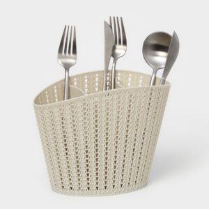 Серая настольная подставка для столовых приборов с тремя отделениями и текстурой вязания