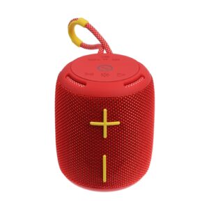 Портативная колонка с Bluetooth и флешкой, компактного размера, красная тканевая отделка с жёлтыми элементами управления