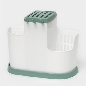 Пластиковая настольная подставка для столовых приборов с секциями, поддоном и крючками в бело-зеленых тонах