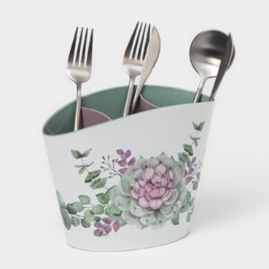 Белая подставка сушилка для столовых приборов из пластика с секциями и декоративным рисунком в зелёно-розовых тонах