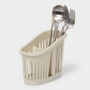 Белая настольная подставка для столовых приборов из пластика с двумя отделениями и перфорацией для отвода воды