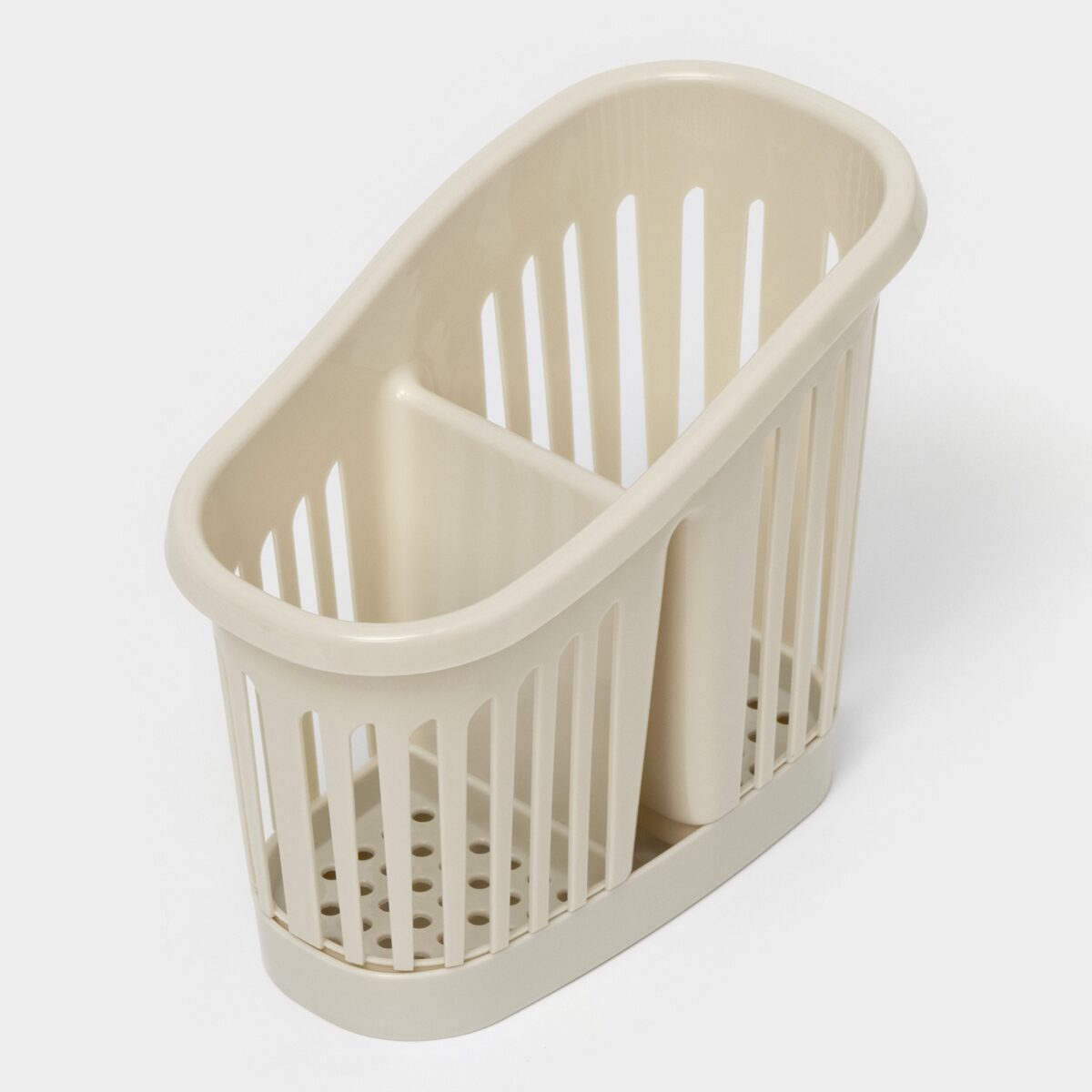 Настольная подставка для столовых приборов с текстурой ротанг белого цвета Белая пластиковая настольная подставка для столовых приборов с разделителем и текстурой ротанг