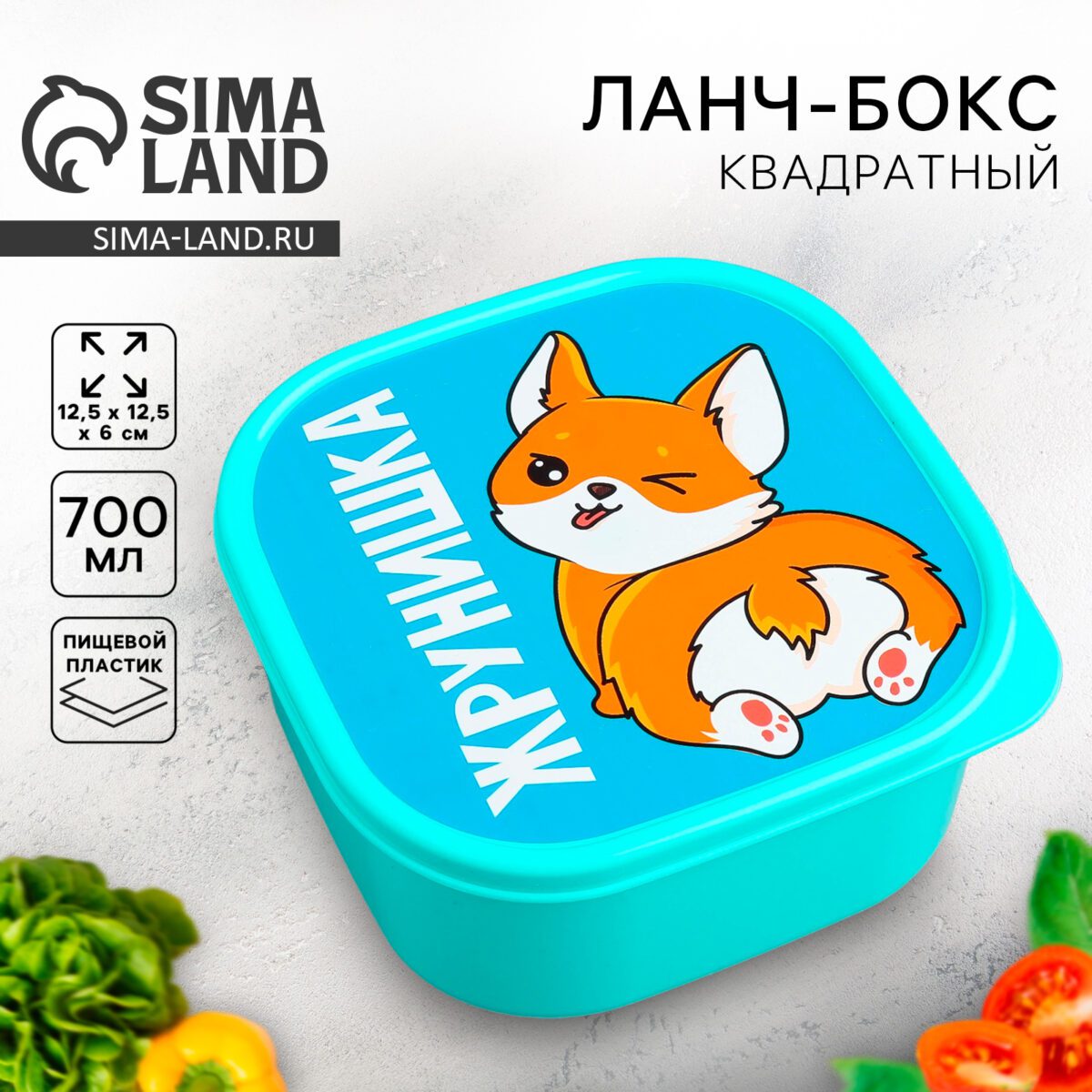 Ланч бокс маленький голубой 700 мл с рисунком собаки и надписью для детей и школьников