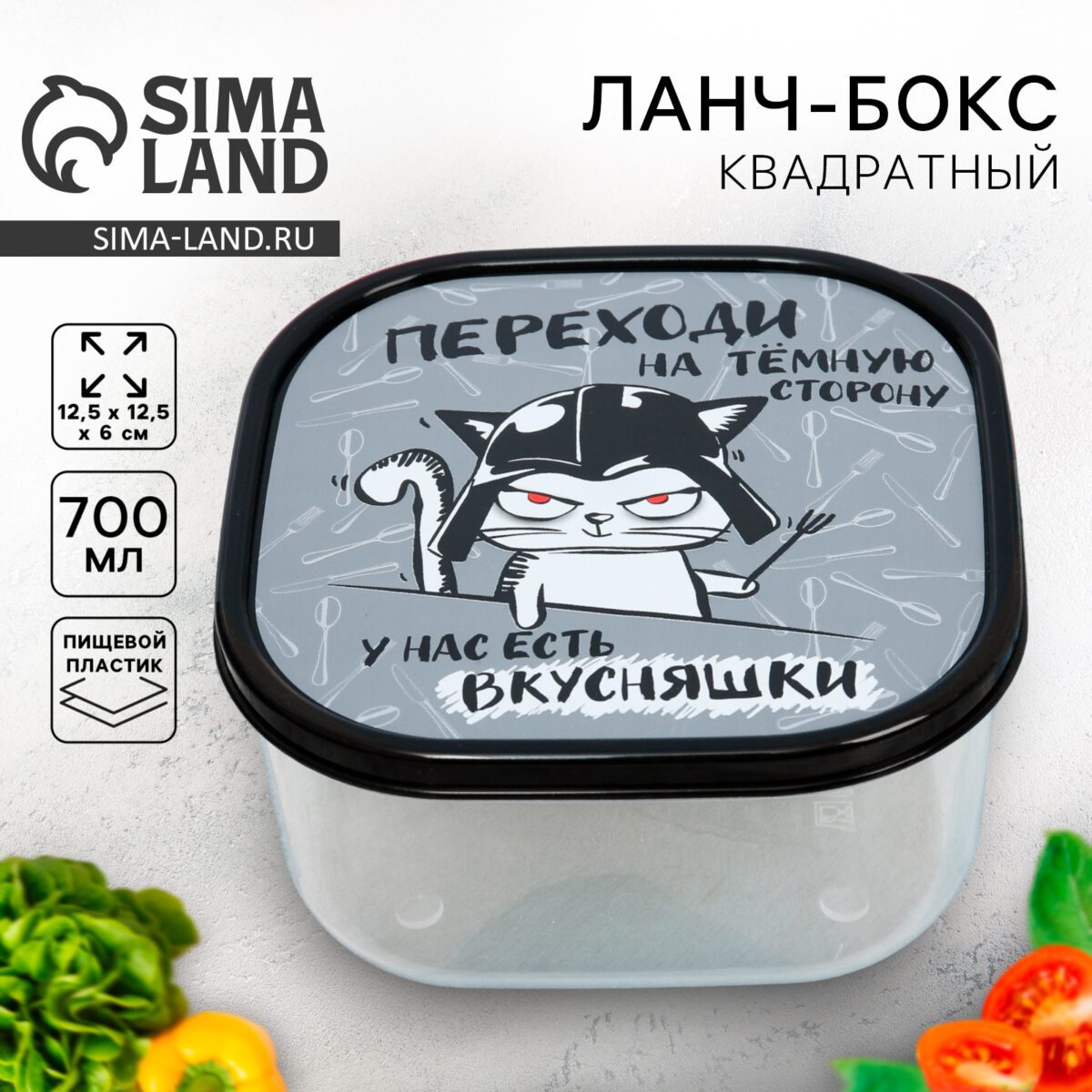 Квадратный герметичный ланч бокс с крышкой, удобный для школьников, с рисунком кота в шлеме и текстом 'Переходи на тёмную сторону'