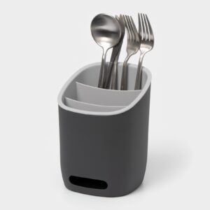 Графитовая подставка для столовых приборов с белой окантовкой, три отсека для хранения и отверстие для циркуляции воздуха