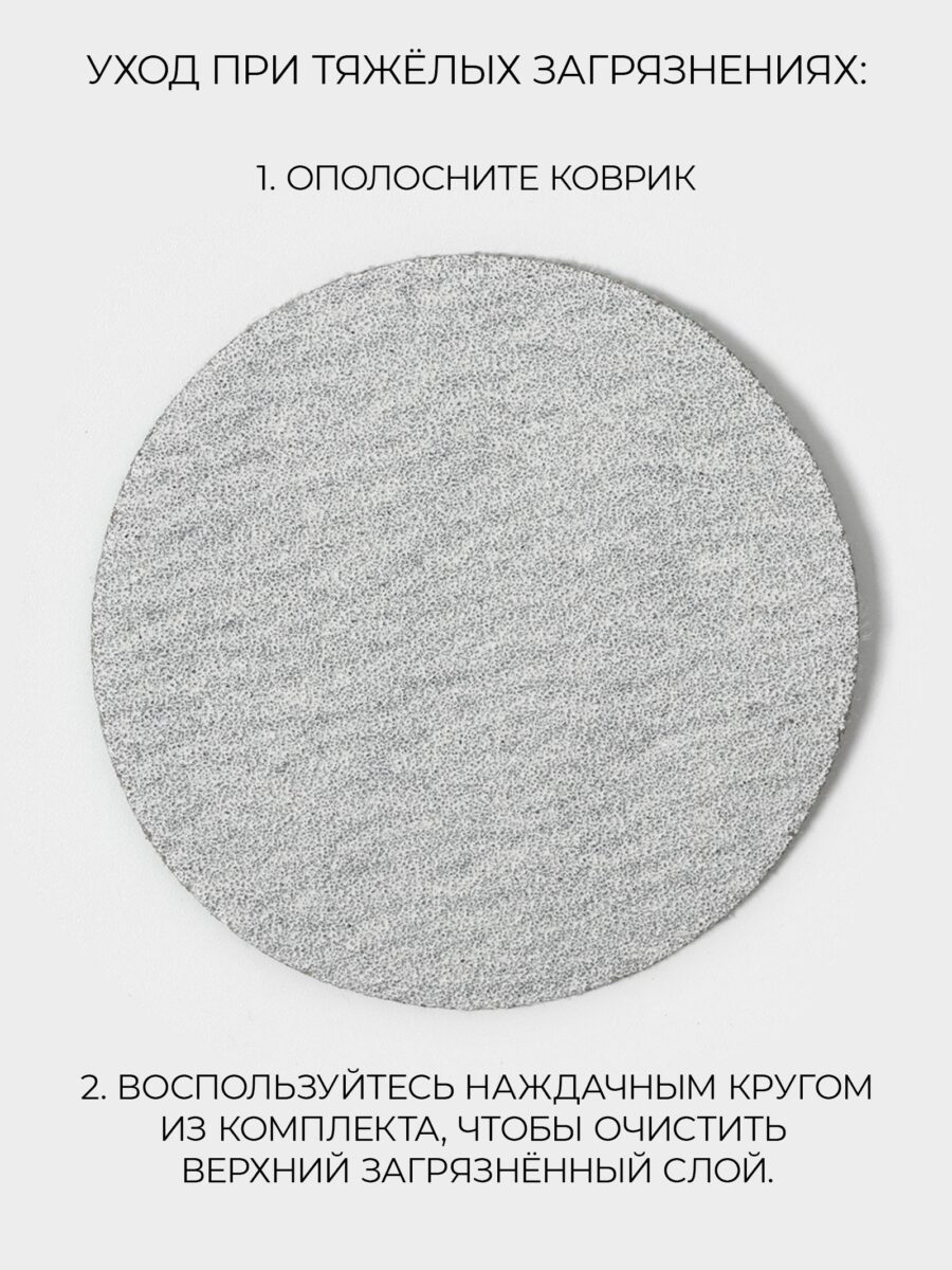 Инструкция по уходу за диатомитовым ковриком для ванной: лёгкое удаление загрязнений Инфографика об уходе за серым диатомитовым ковриком для ванной с наждачным кругом на светлом фоне