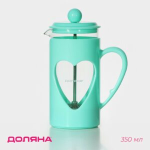 Стеклянный заварочный чайник френч-пресс с бирюзовым корпусом объемом 350 мл на белом фоне