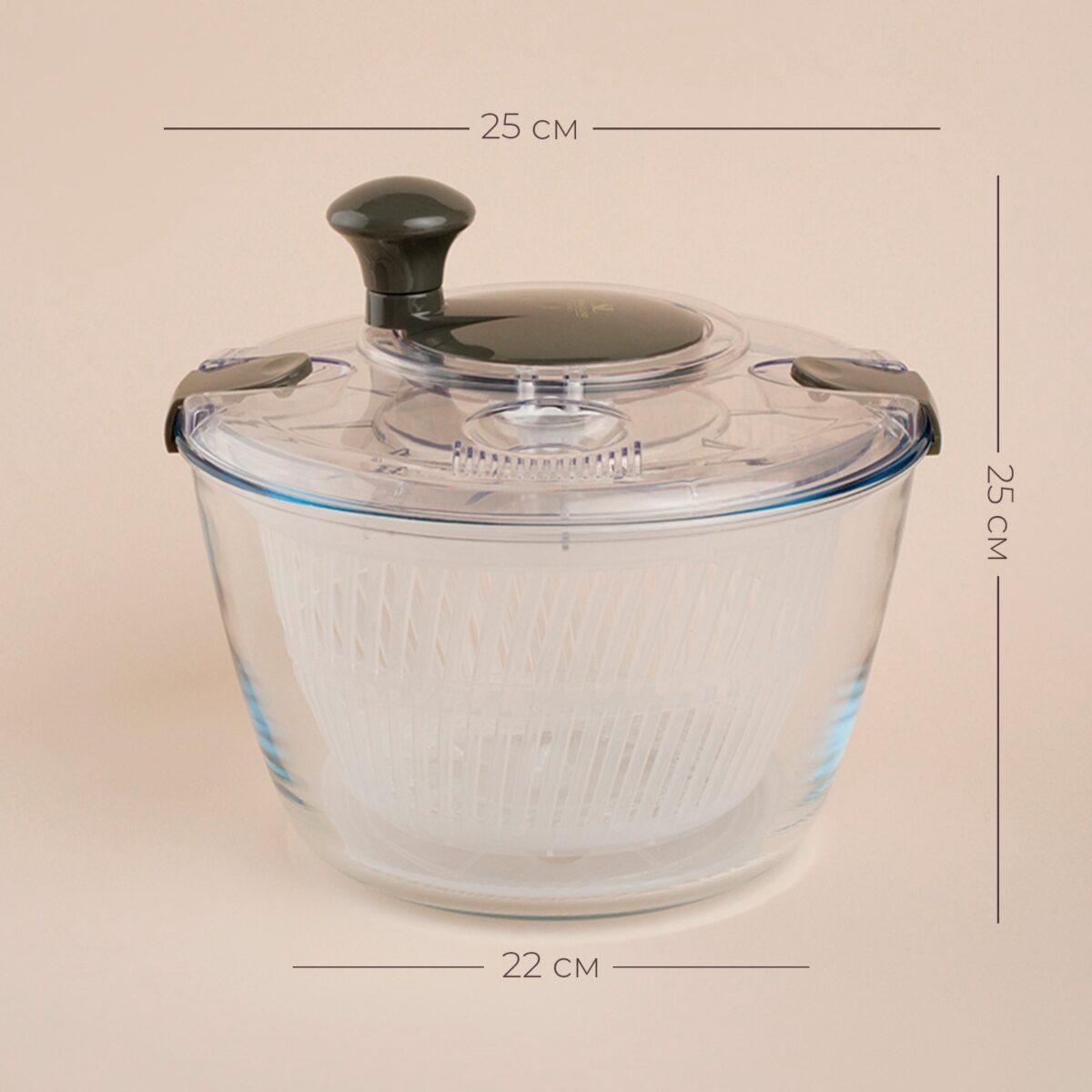 Центрифуга для сушки зелени объемом 5 литров с оливковой крышкой и стеклянным корпусом Центрифуга для сушки зелени объемом 5 литров с оливковой крышкой, пластиковыми деталями и стеклянным корпусом