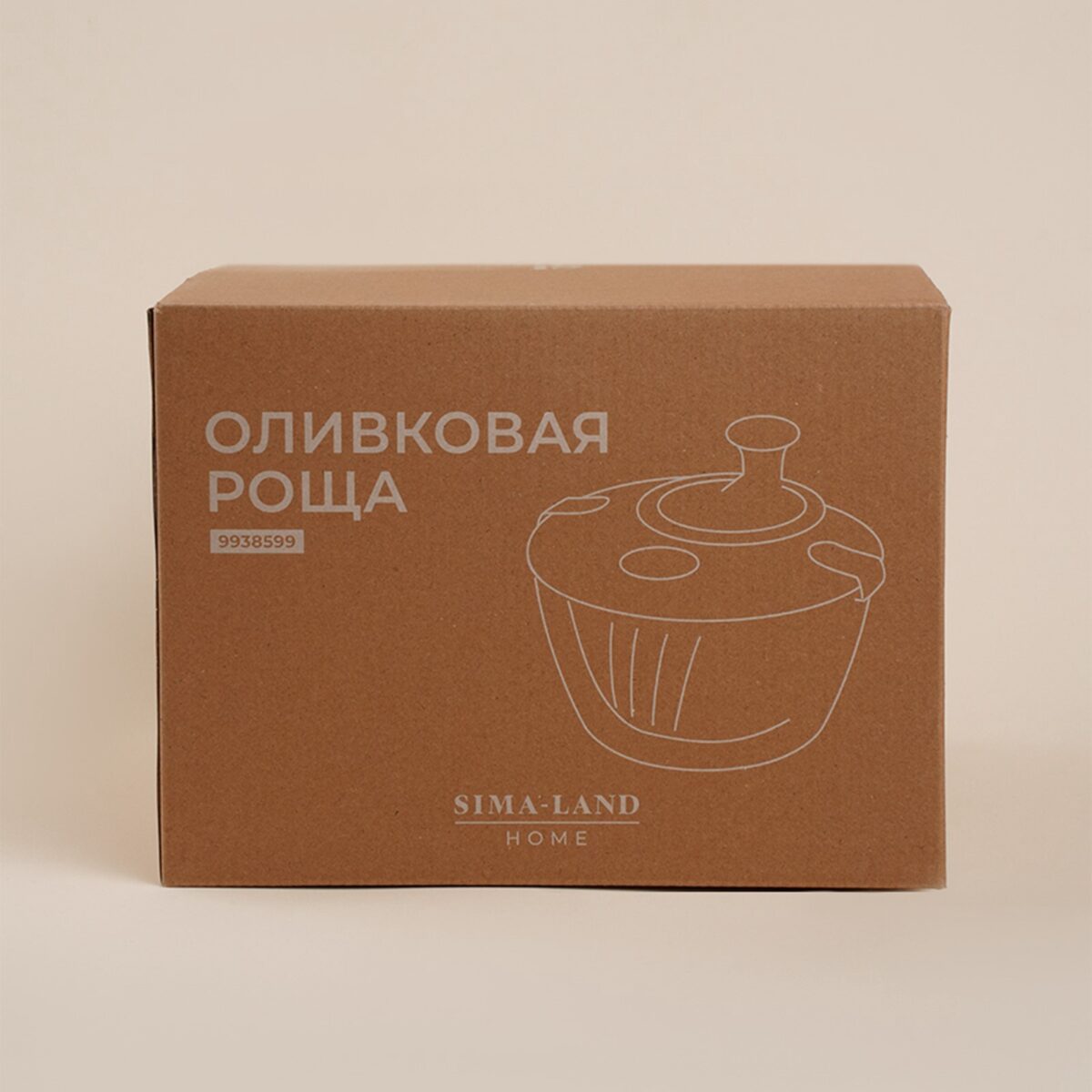 Центрифуга для сушки зелени объем 5 литров в оливковом цвете для более привлекательной подачи блюд Центрифуга для сушки зелени объем 5 литров с ручкой для вращения, изображенная на коробке в оливковом стиле