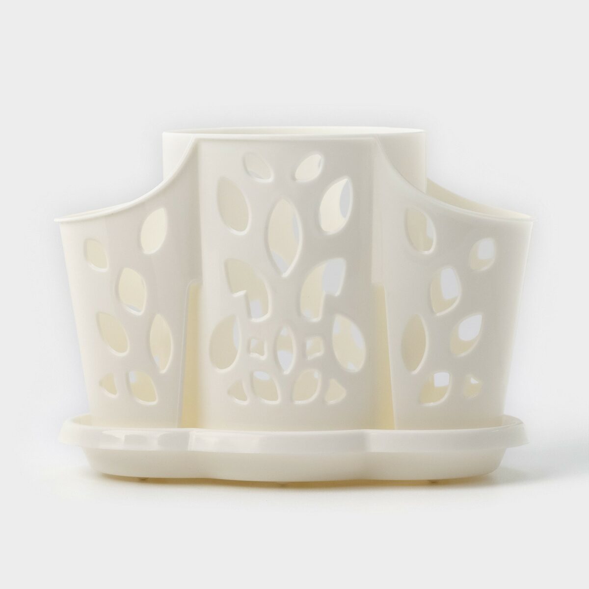 Компактная подвесная подставка для столовых приборов с секциями и поддоном Светлая кремовая подставка для столовых приборов с устойчивым поддоном и вентиляционными узорами