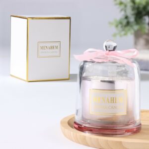 Ароматическая свеча для дома в стеклянном колпаке с деревянной подставкой, аромат цитруса и трав, украшенная атласным розовым бантом