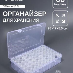 Органайзер для хранения мелочей: контейнер 28×17×5.5 см, 60 прозрачных баночек
