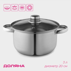 Кастрюля из нержавеющей стали объемом 3 литра с капсульным дном и стеклянной крышкой, совместимая с газовыми, электрическими и индукционными плитами